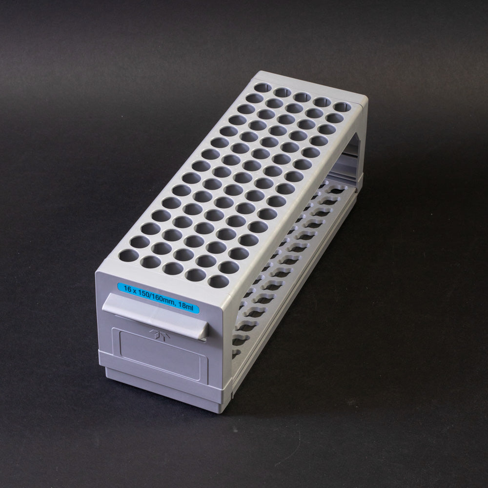 A gray plastic shelf with perforated design, allowing for location and storage of vials.