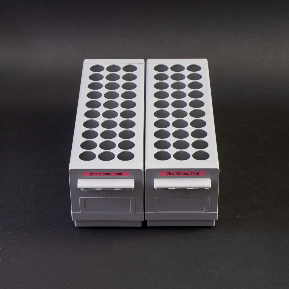 A pair of gray plastic shelves with perforated design, allowing for location and storage of vials.