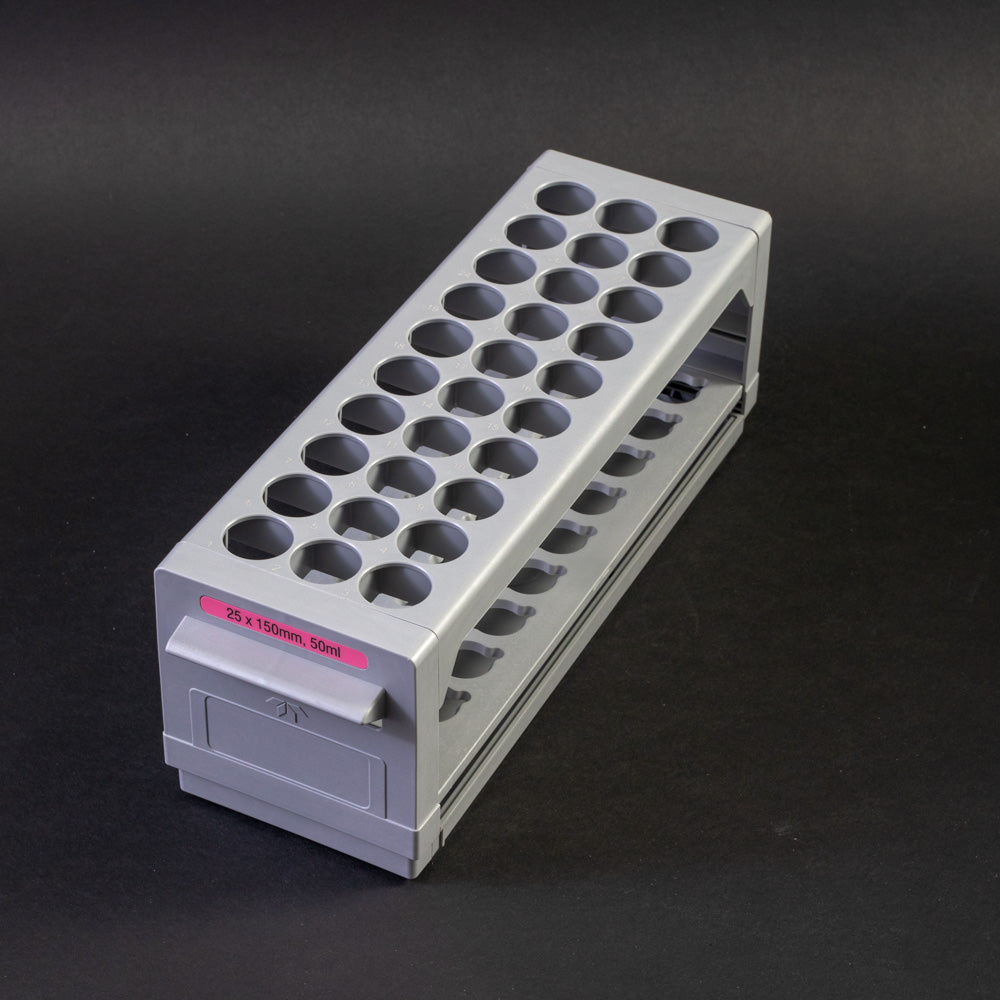 A gray plastic shelf with perforated design, allowing for location and storage of vials.