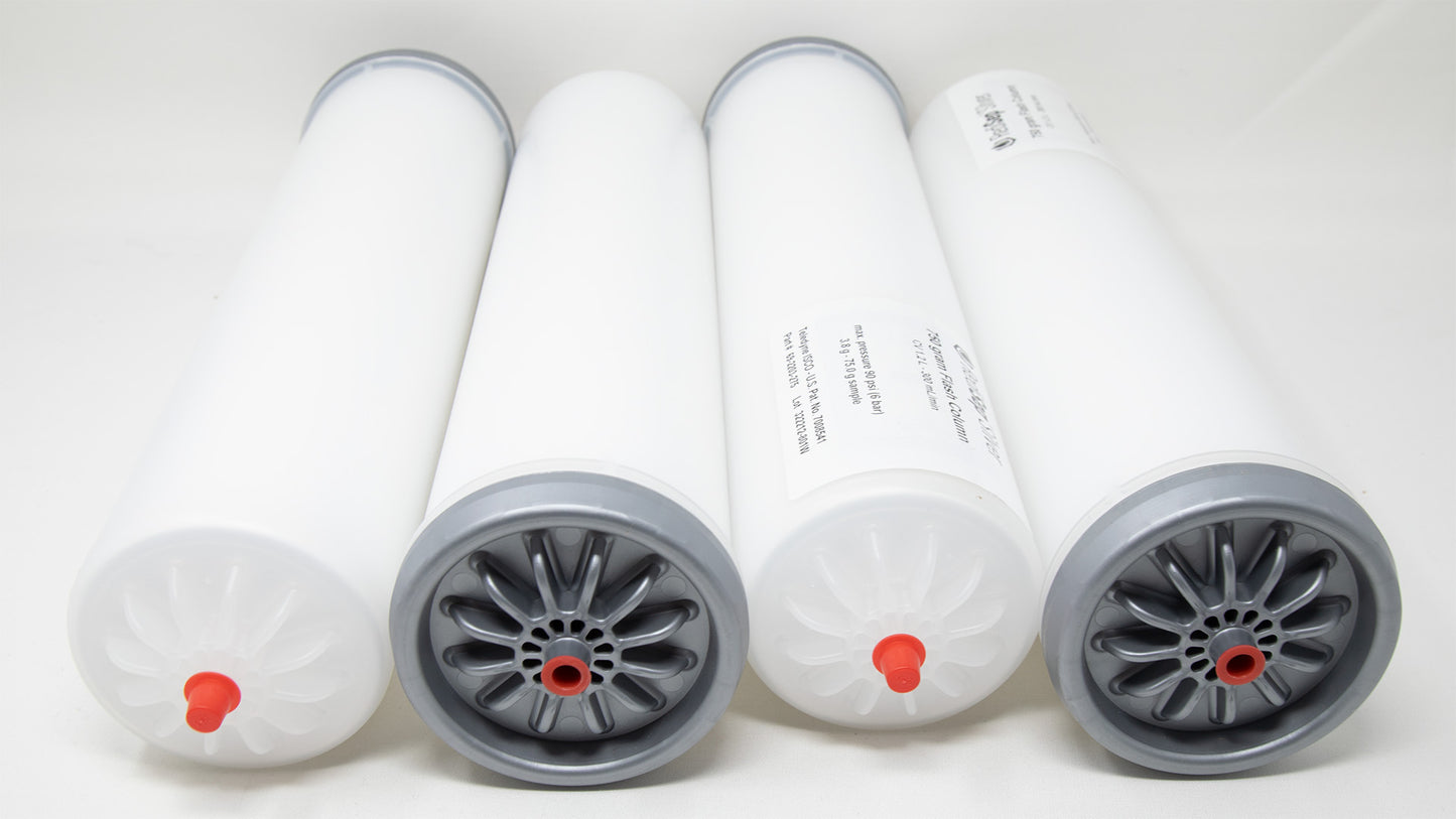 A group of plastic tubes with red and silver caps, positioned side by side, emphasizing their contrasting colors and forms.