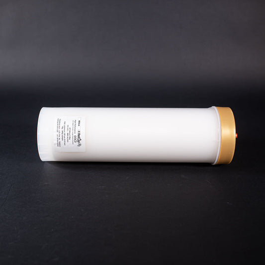 A small white tube with gold and red caps displayed on a black background, creating a striking visual contrast between the two elements.