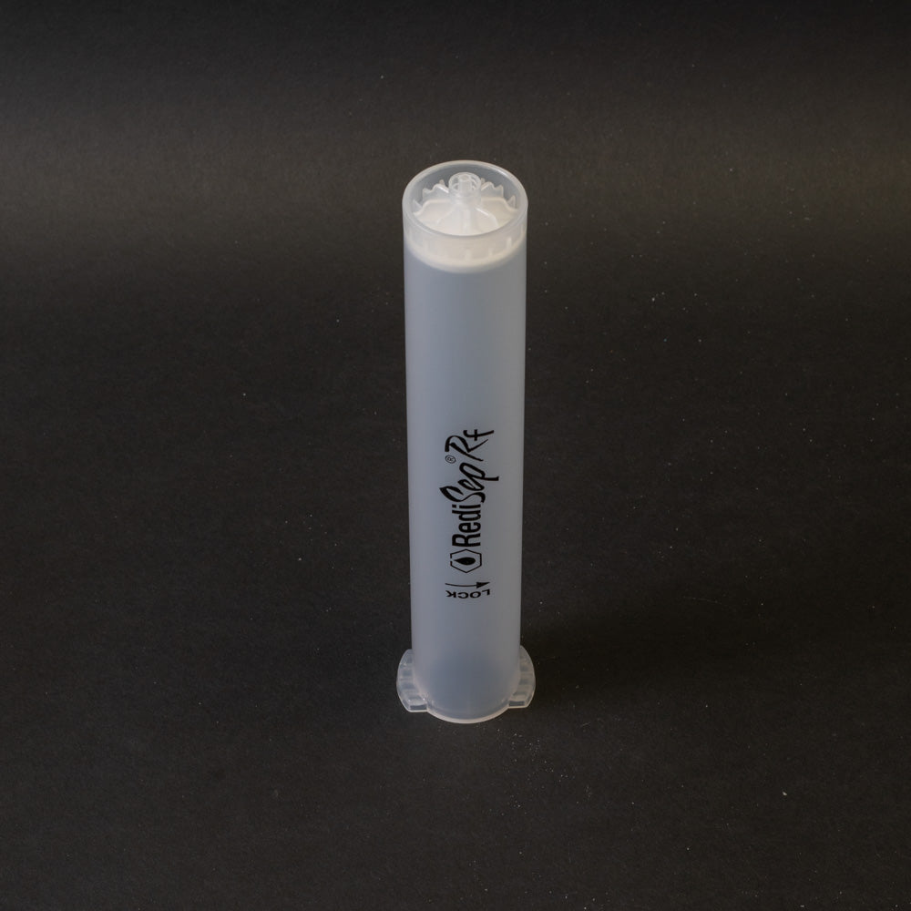 A small clear plastic cartridge displayed on a black background, creating a striking visual contrast between the two elements.