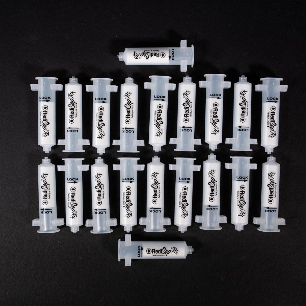 A set of small clear plastic cartridges displayed on a black background, creating a striking visual contrast between the two elements.