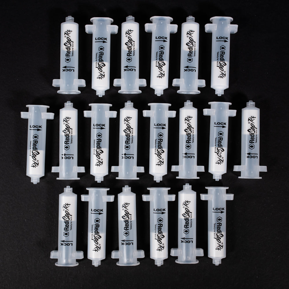 A set of small clear plastic cartridges displayed on a black background, creating a striking visual contrast between the two elements.