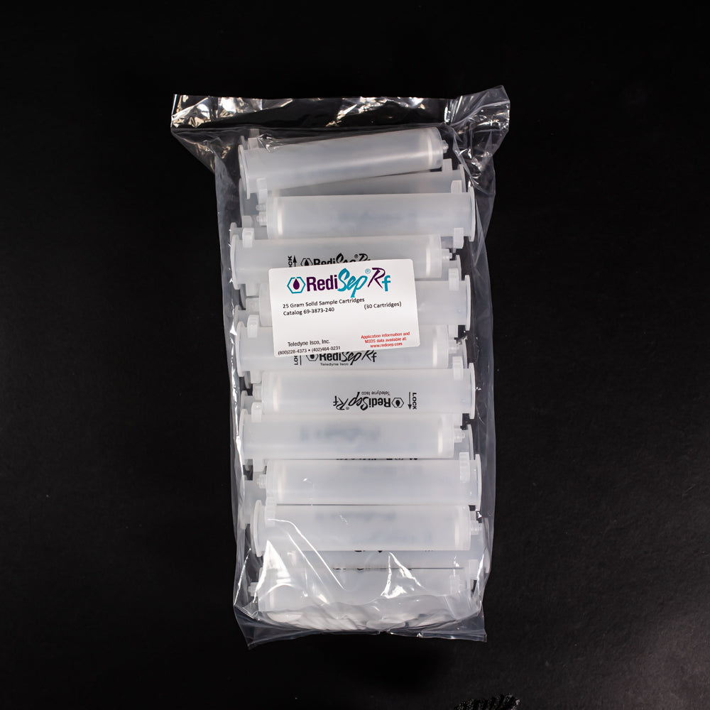 A set of small clear plastic cartridges displayed in a bag on a black background, creating a striking visual contrast between the two elements.