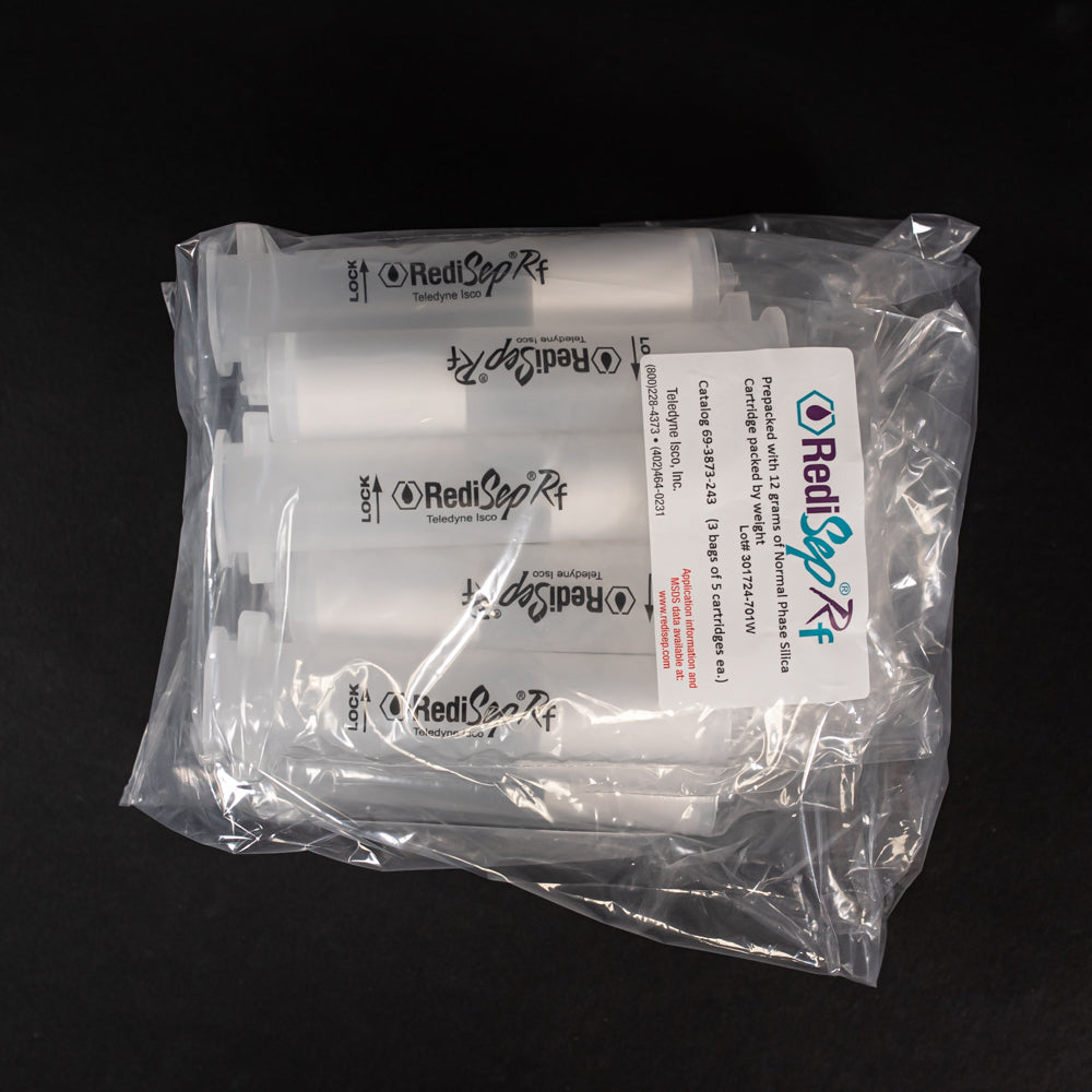 A set of small clear plastic cartridges displayed in a bag on a black background, creating a striking visual contrast between the two elements.